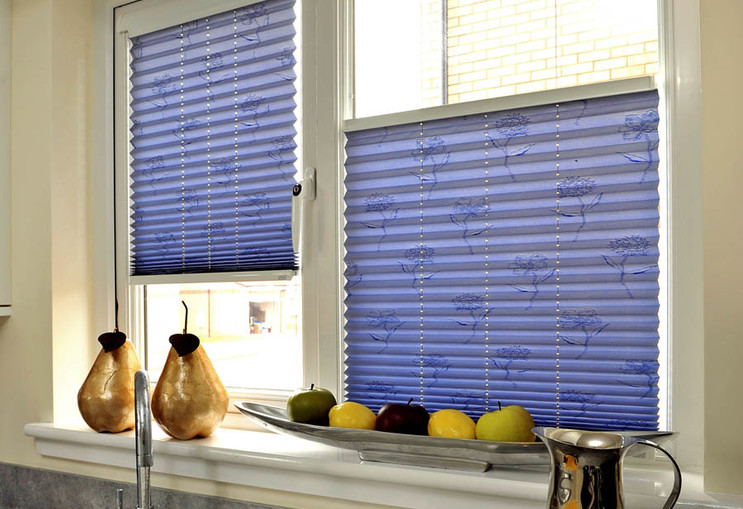 Blue cordeless blinds in the kitchen