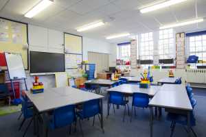 Empty Classroom with roller blinds
