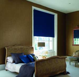 blue roller blinds in gold bedroom