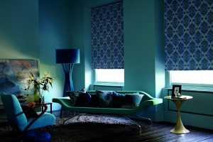 purple roller blinds in a dark living room