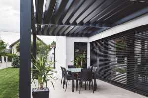 modern black patio sun breaker louvre array