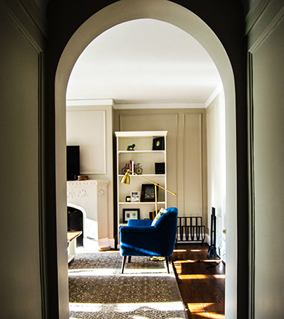 Deep blue armchair in living room