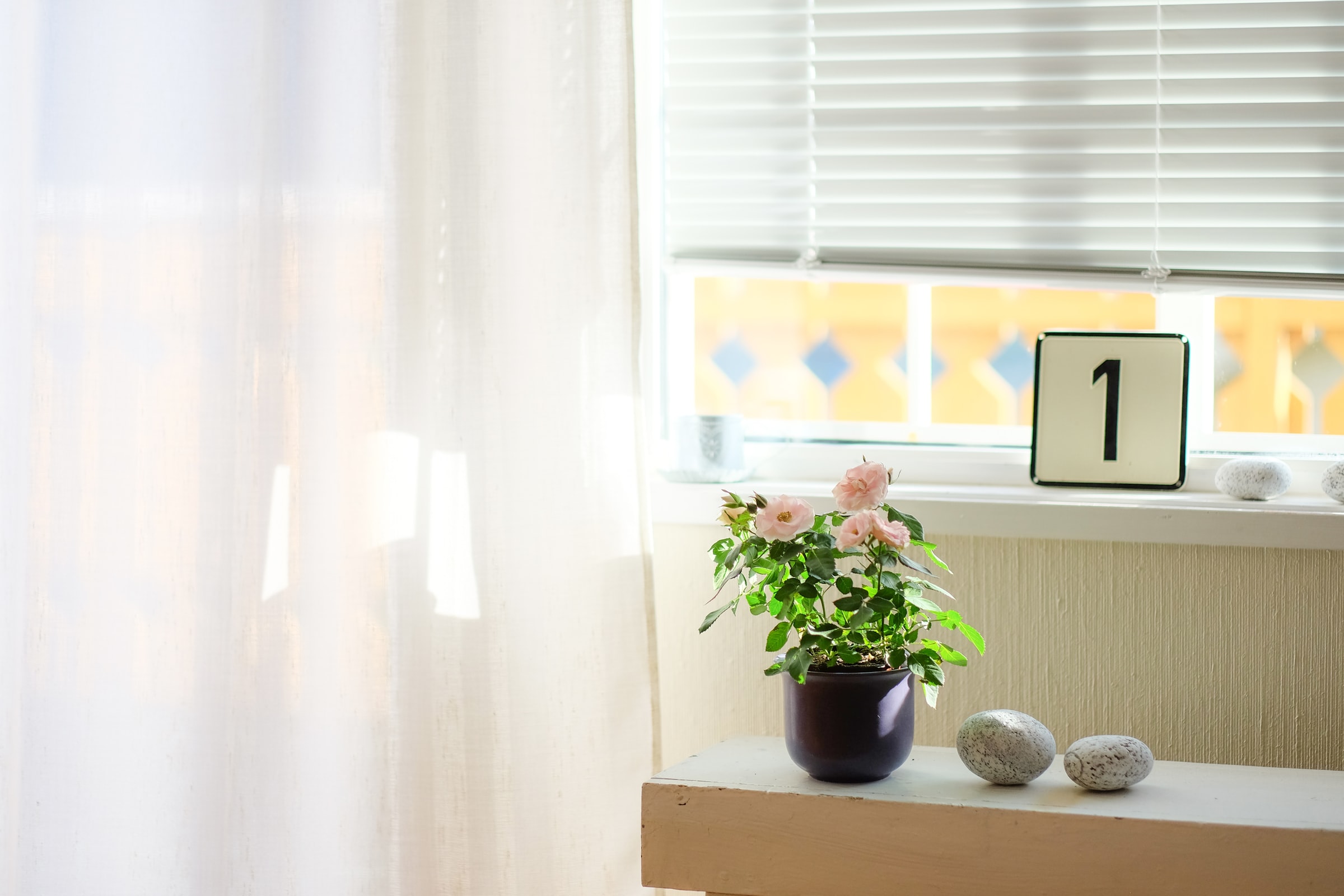 a white curtain on top of a blind