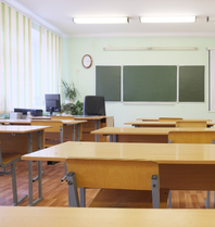 classroom with vertical blinds