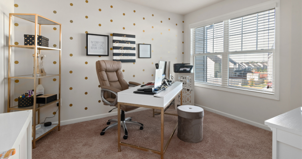 Modern home office design with home office blinds in white
